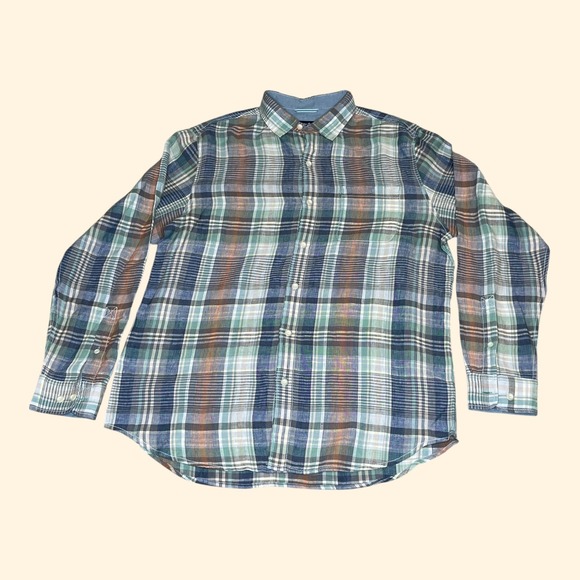 Tommy Bahama Other - Tommy Bahama Mens LARGE Plaid Long Sleeve 100% Linen Button Down Shirt